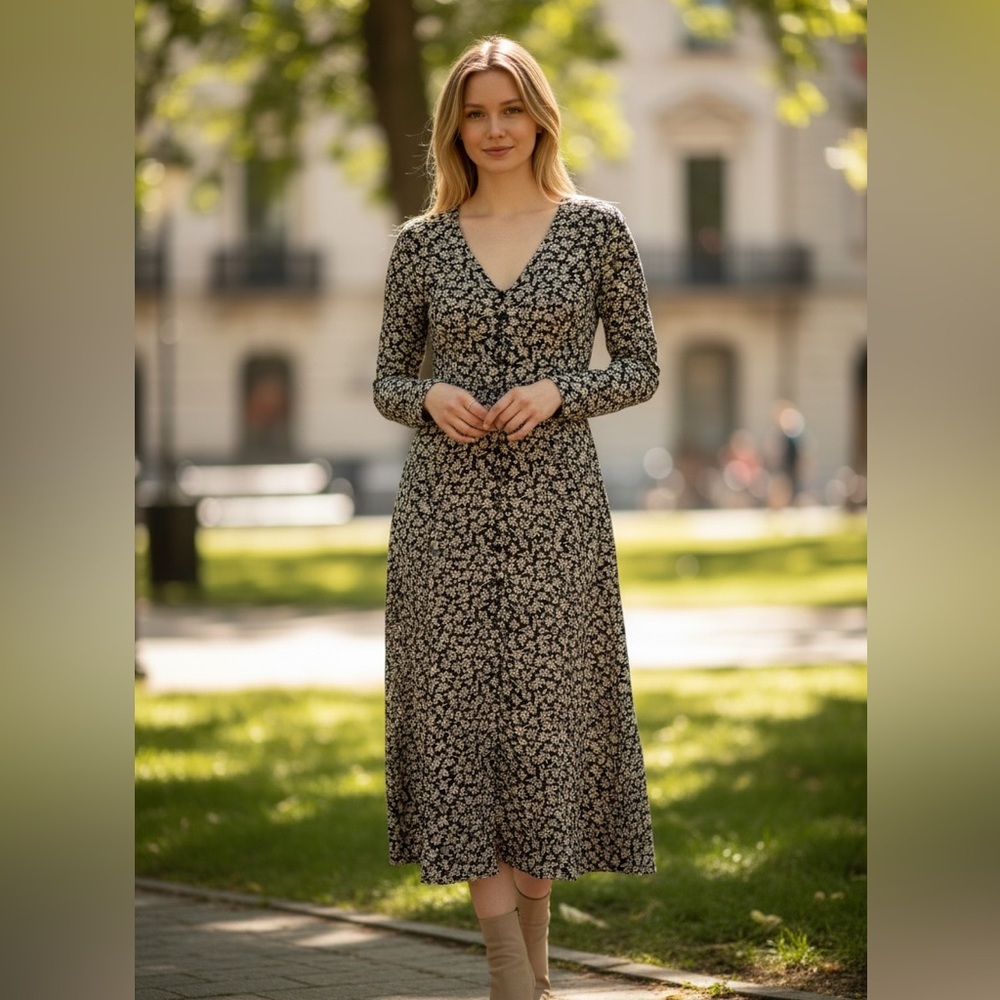 Vintage Floral Daisy Black Tan Tailored V-neck Button Front Long Sleeve Dress
